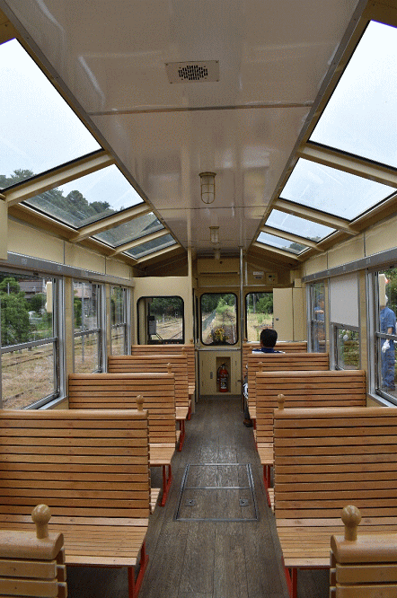 里山トロッコ列車の窓のない展望車