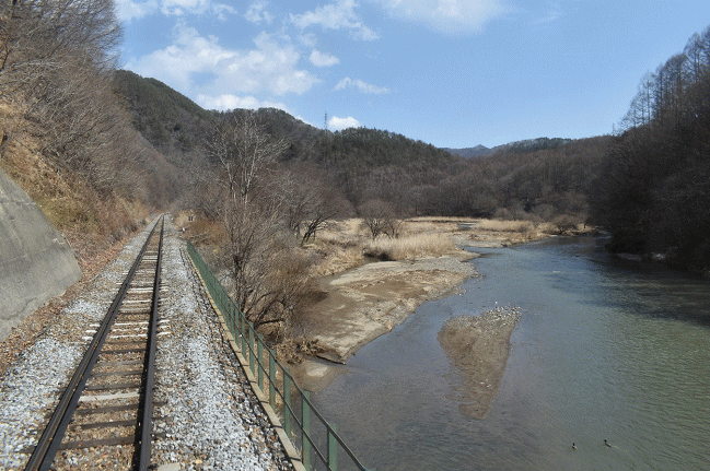 佐久広瀬～佐久海ノ口の列車後部から撮影した千曲川と小海線