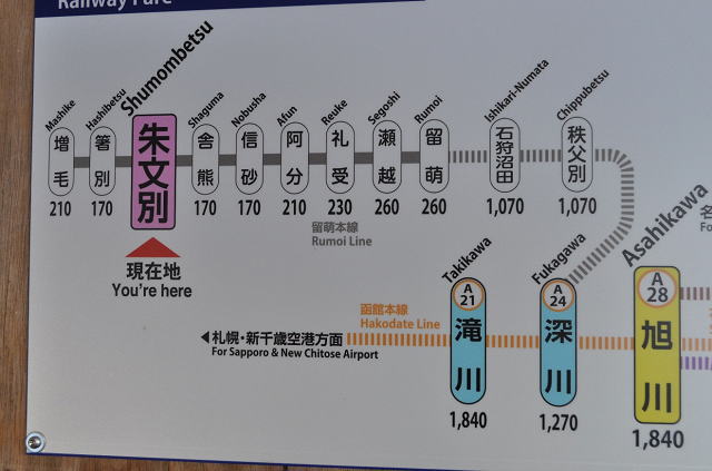 朱文別駅待合室内の留萌本線の路線図と運賃