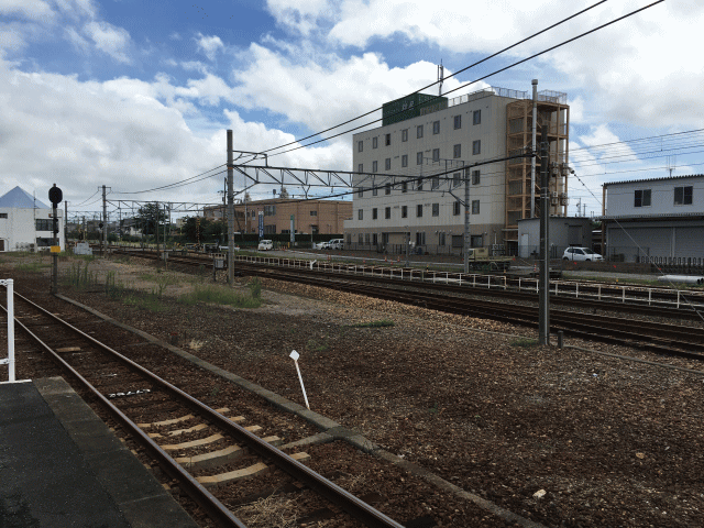 ビジネスホテル鈴屋の外観と東海道本線