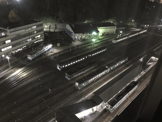 ホテルクレメント徳島から見た夜間の車両基地