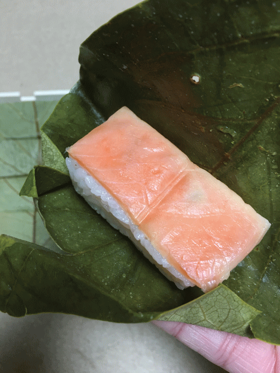 柿の葉にくるまれた鮭のお寿司