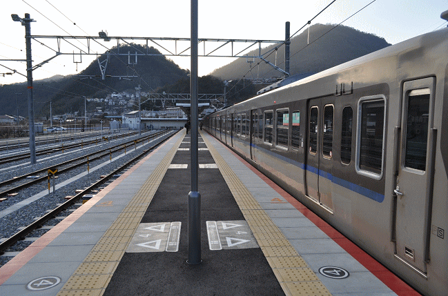 あき亀山駅に到着した113系