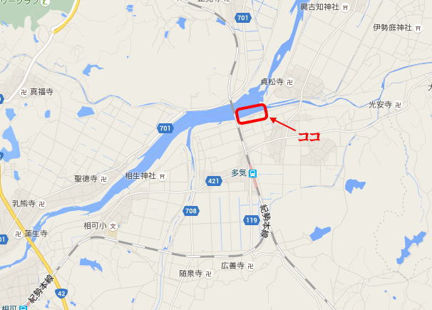 紀勢本線の撮影地、櫛田川の鉄橋の地図