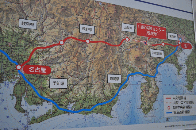 中央リニア新幹線の路線と山梨実験線の路線図