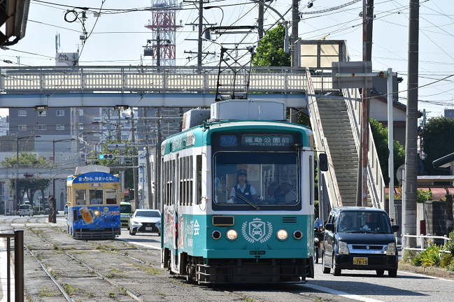 前畑電停で元東京都電のモ3503号とビール電車を撮影